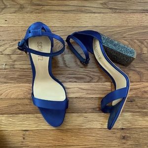 Schutz Yaro navy satin and sparkle block heel